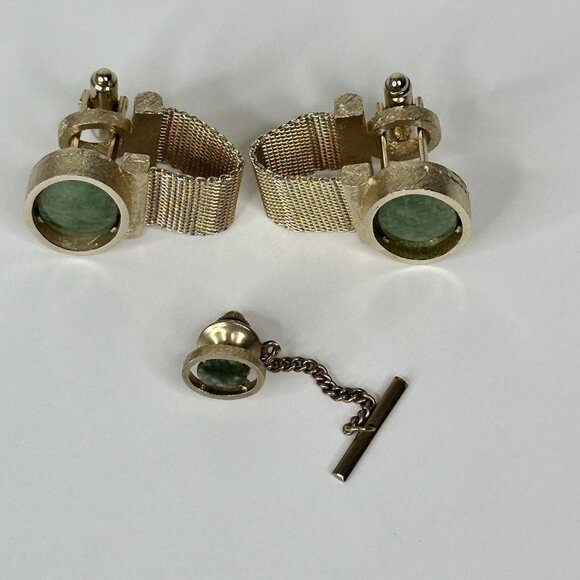 Dante Gold Tone Mesh Cufflinks & Tie Tack Set Green Stone Vintage Mens - Picture 2 of 8